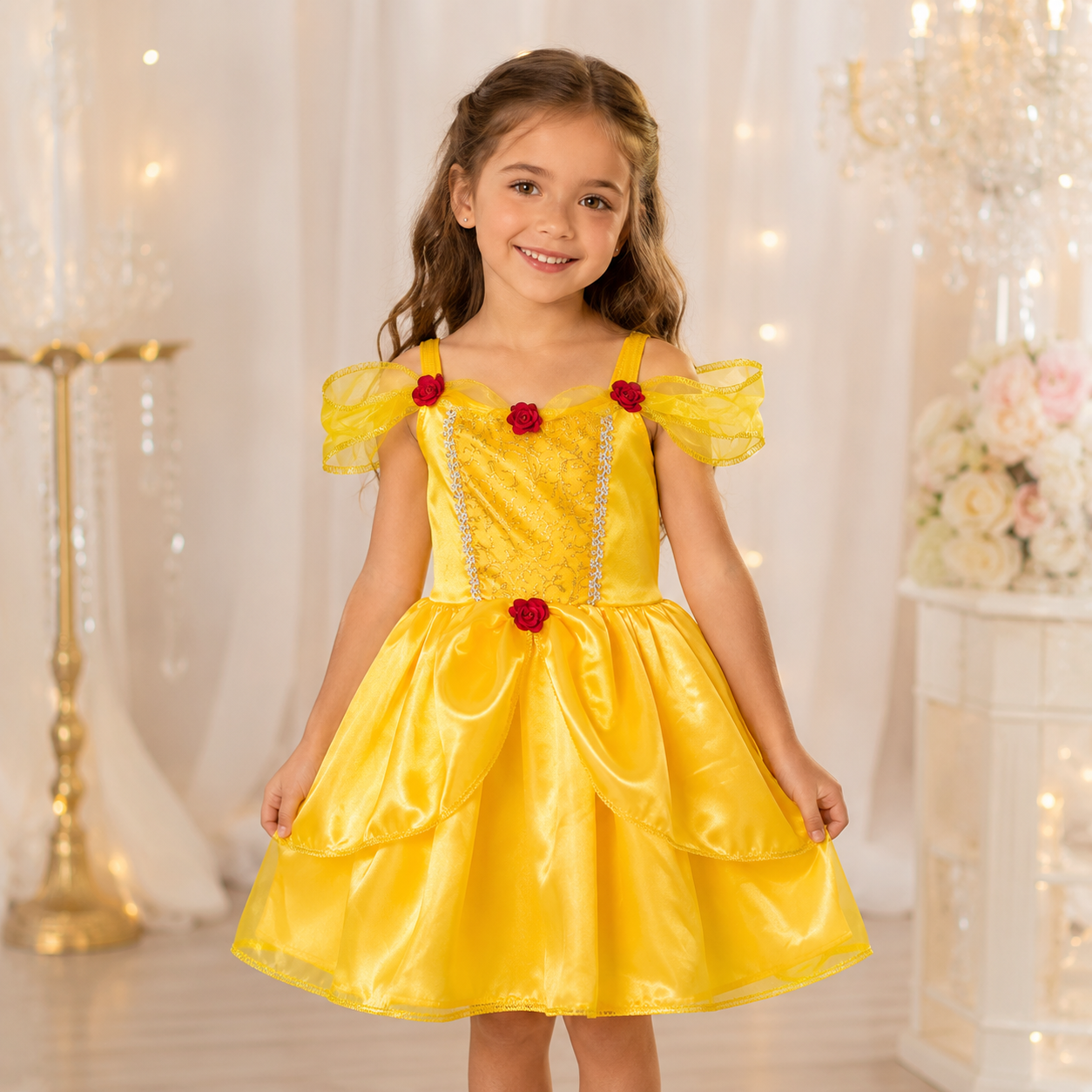 🌹 Fantasia Princesa Dourada Bela Encantada Infantil