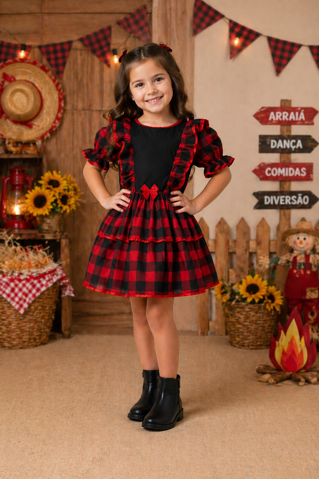 🌽 Vestido Infantil Festa Junina – Caipira Tradicional Vermelho