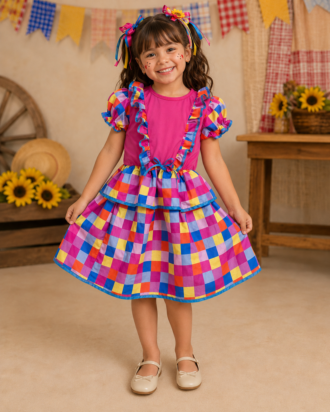 🌽 Vestido Infantil Festa Junina - Caipira Tradicional Xadrez com Pink