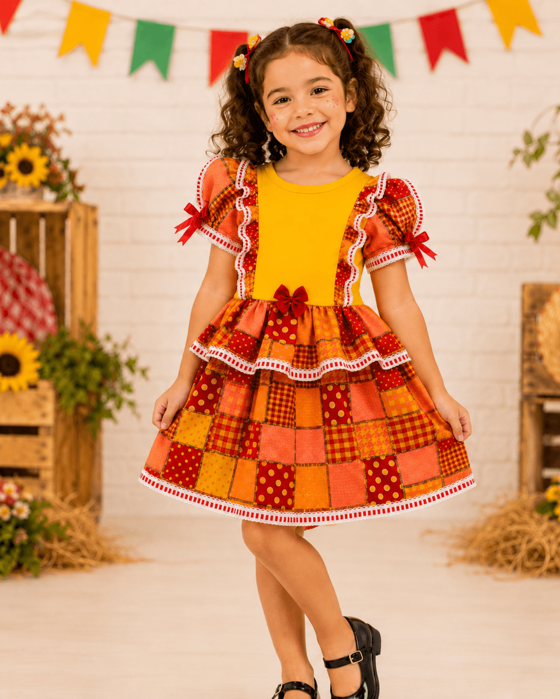 🌽 Vestido Infantil Festa Junina - Caipira tradicional Xadrez Amarelo