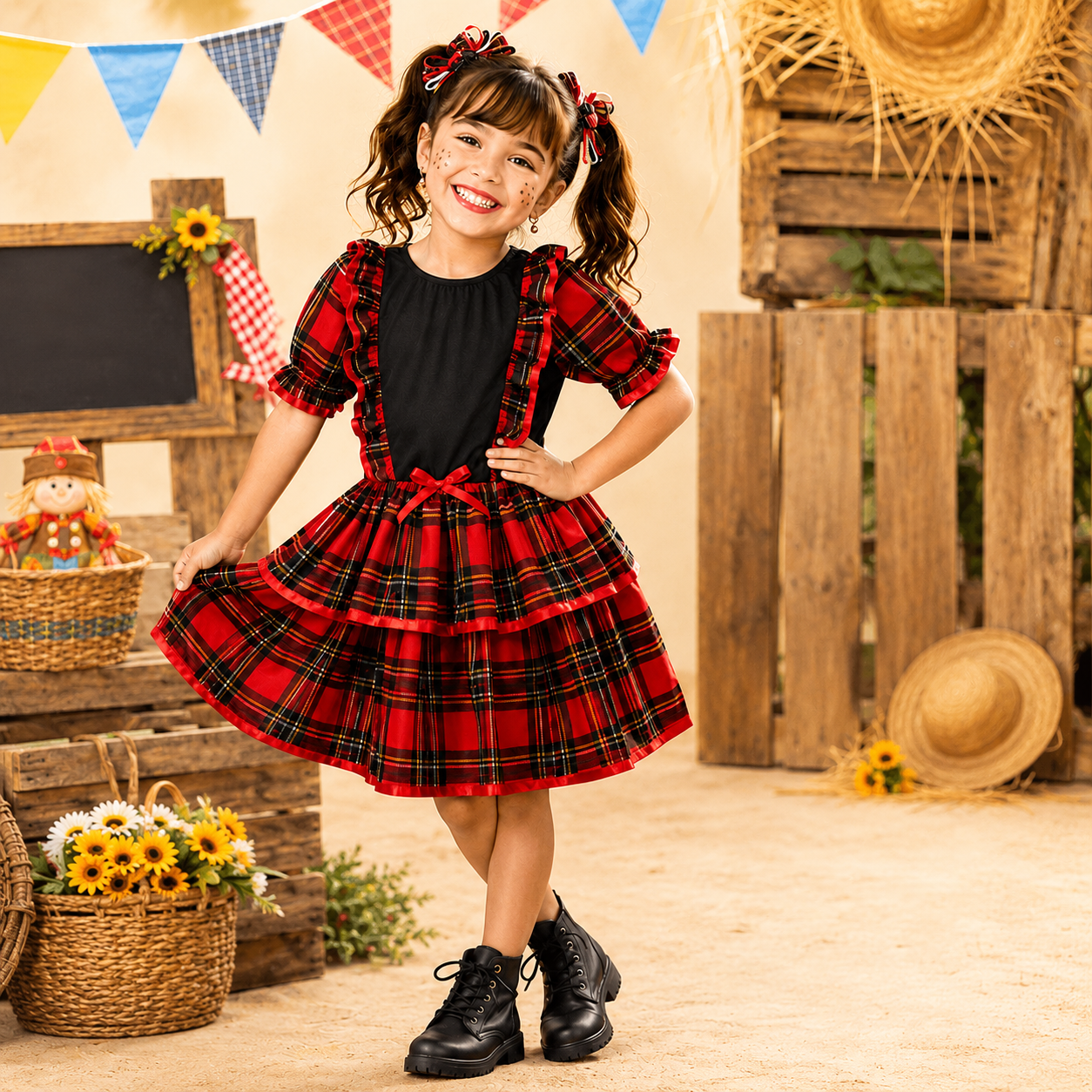 🌽 Vestido Infantil Festa Junina - Caipira Tradicional Xadrez Vermelho