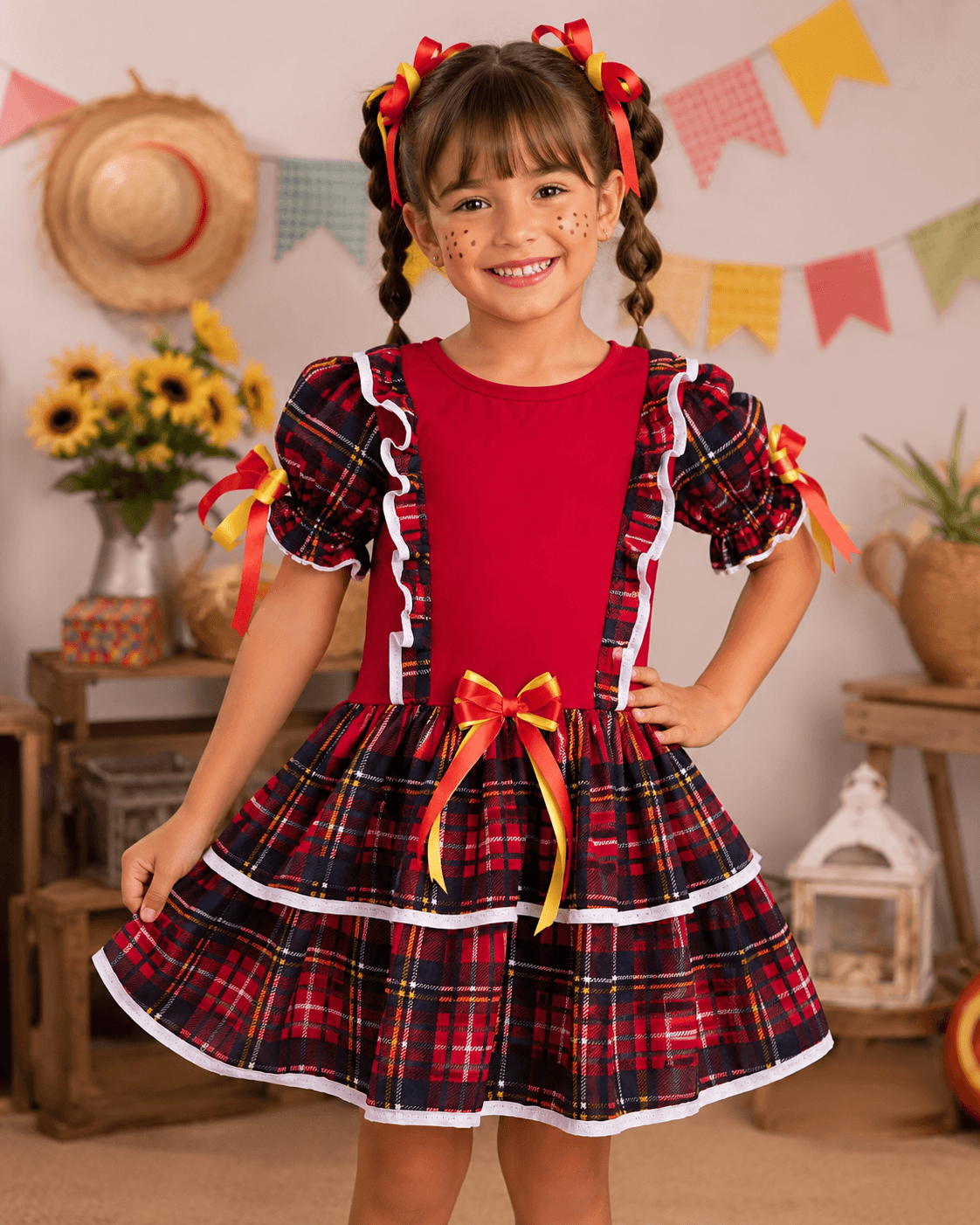 🌽 Vestido Infantil Festa Junina - Caipira Tradicional Xadrez Vermelho X Amarelo