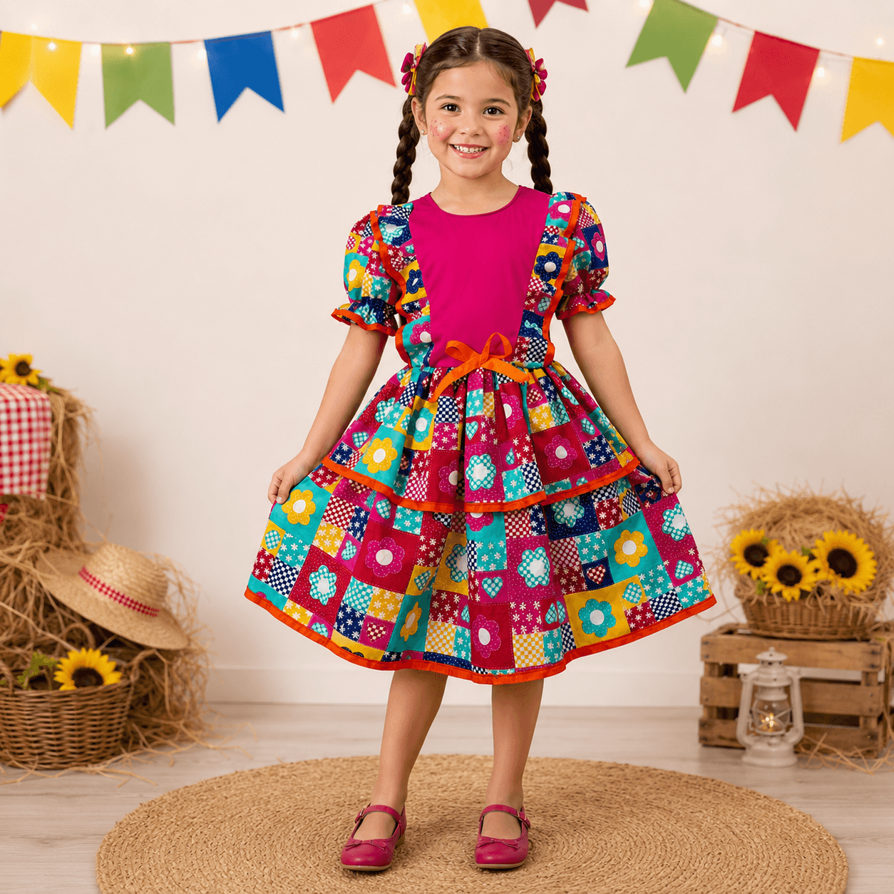 🌽 Vestido Infantil Festa Junina - Caipira Xadrez flor com pink