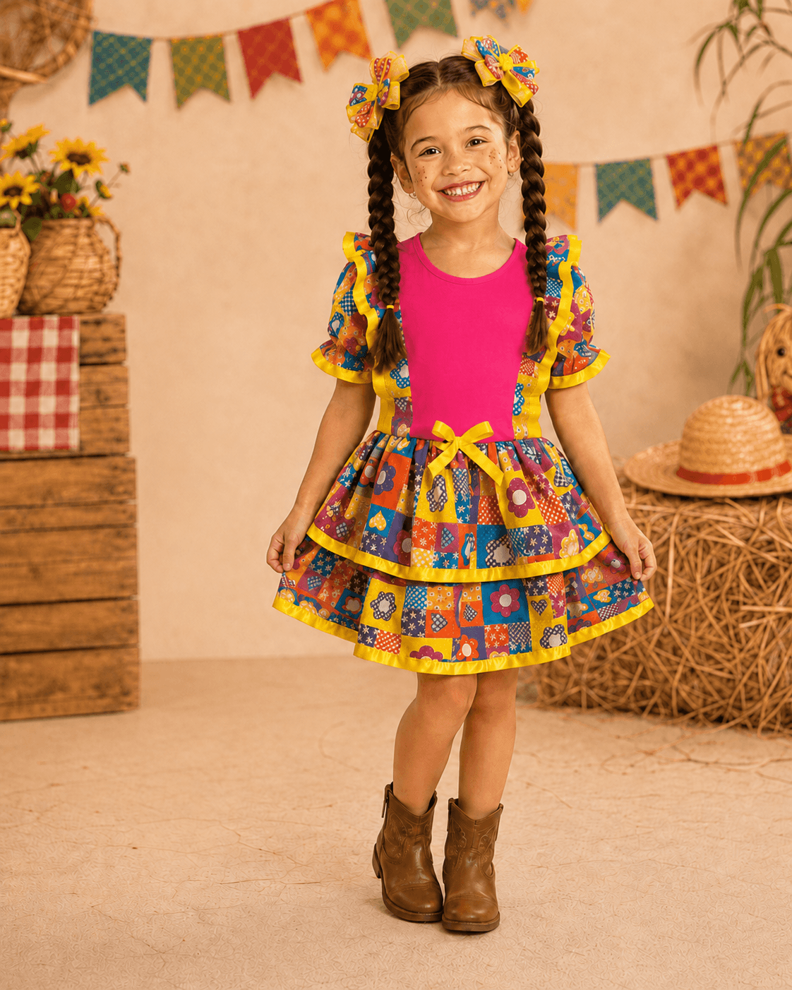 🌽 Vestido Infantil Festa Junina - Caipira Xadrez flor com pink