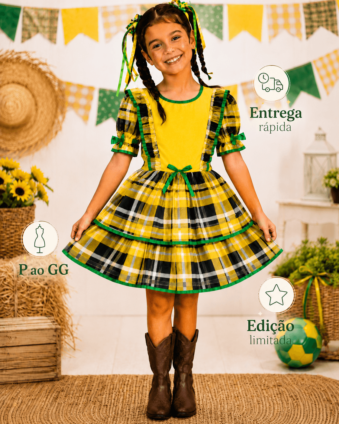 💛💚 Vestido Infantil Festa Junina - Busto Amarelo Brasil