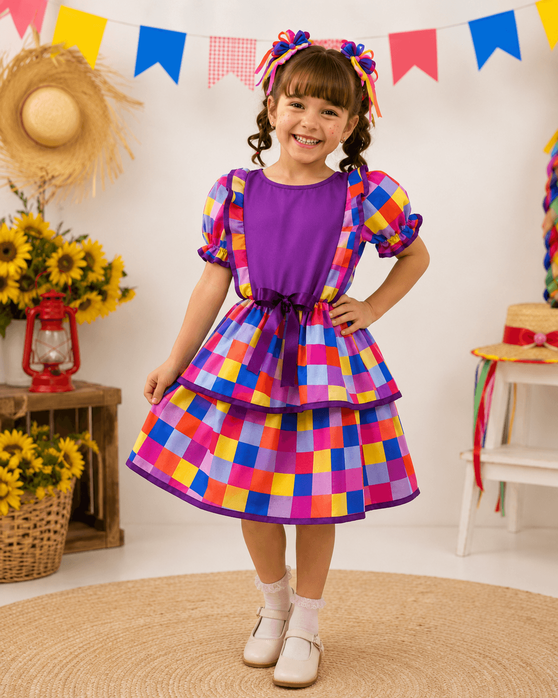 🌽 Vestido Infantil Festa Junina - Caipira Tradicional Xadrez Roxo