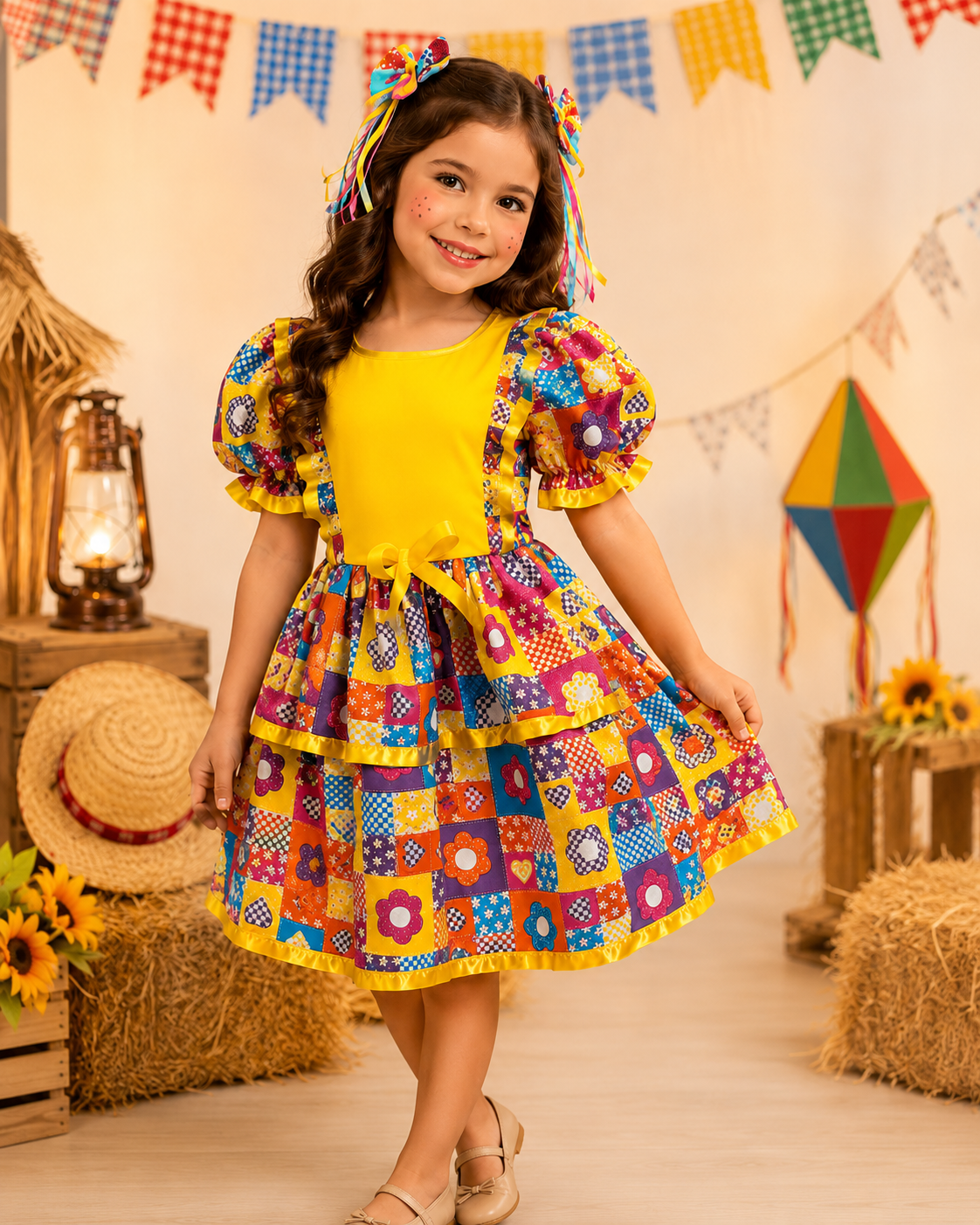 🌽Vestido Infantil Festa Junina - Caipira Tradicional Floral Amarelo