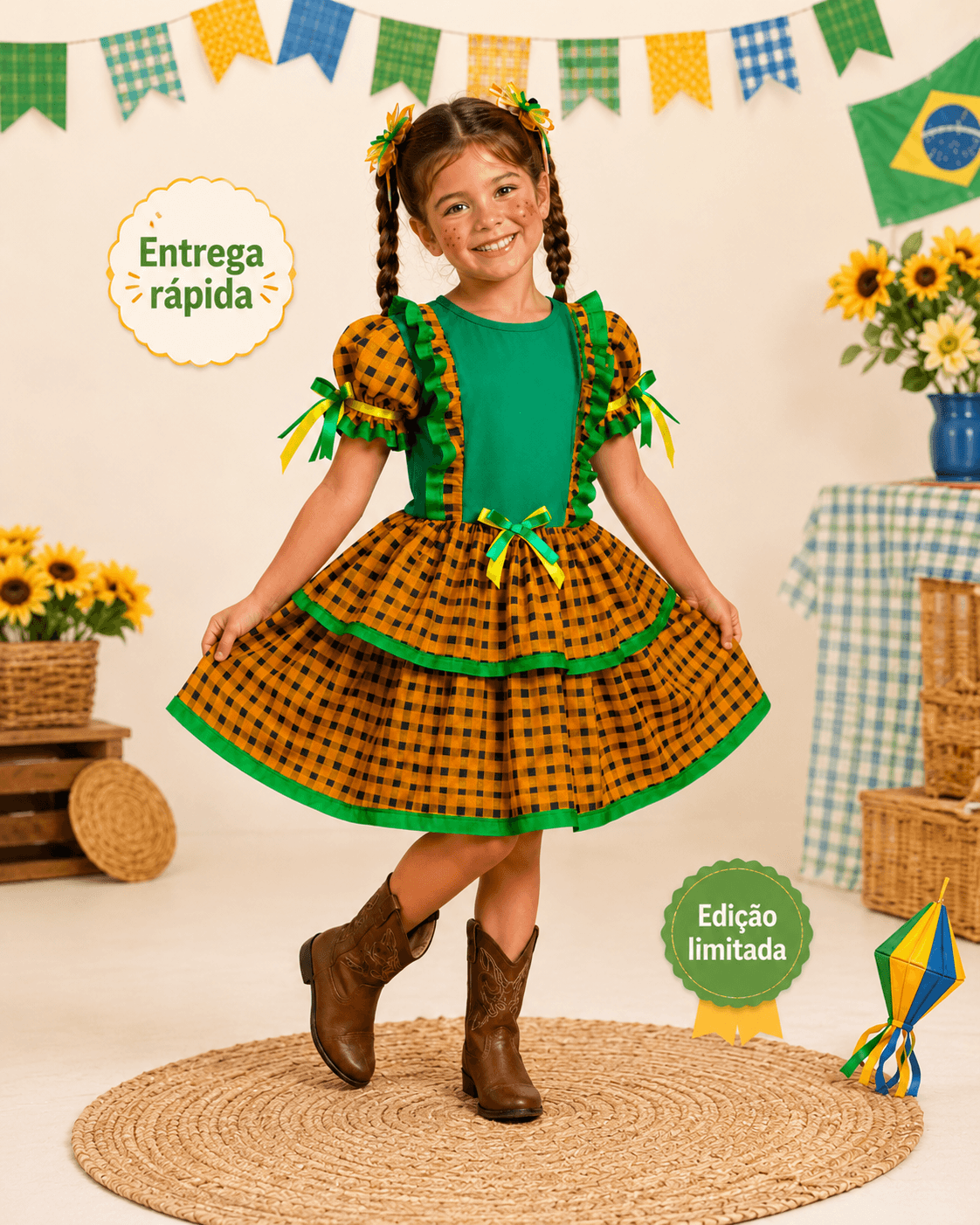 🌽Vestido Infantil Festa Junina - Xadrez Amarelo Busto Verde