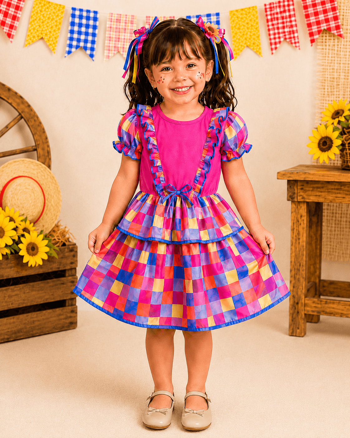 🌽 Vestido Infantil Festa Junina – Xadrez Colorido Pink