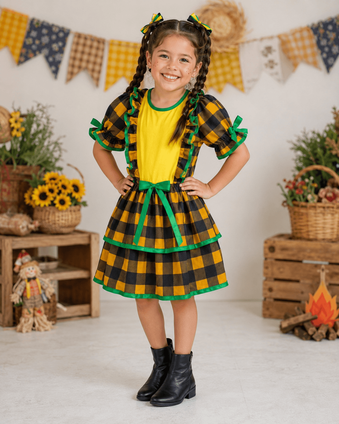 💛💚 Vestido Infantil Festa Junina -Busto Amarelo Brasil Xadrez Escuro
